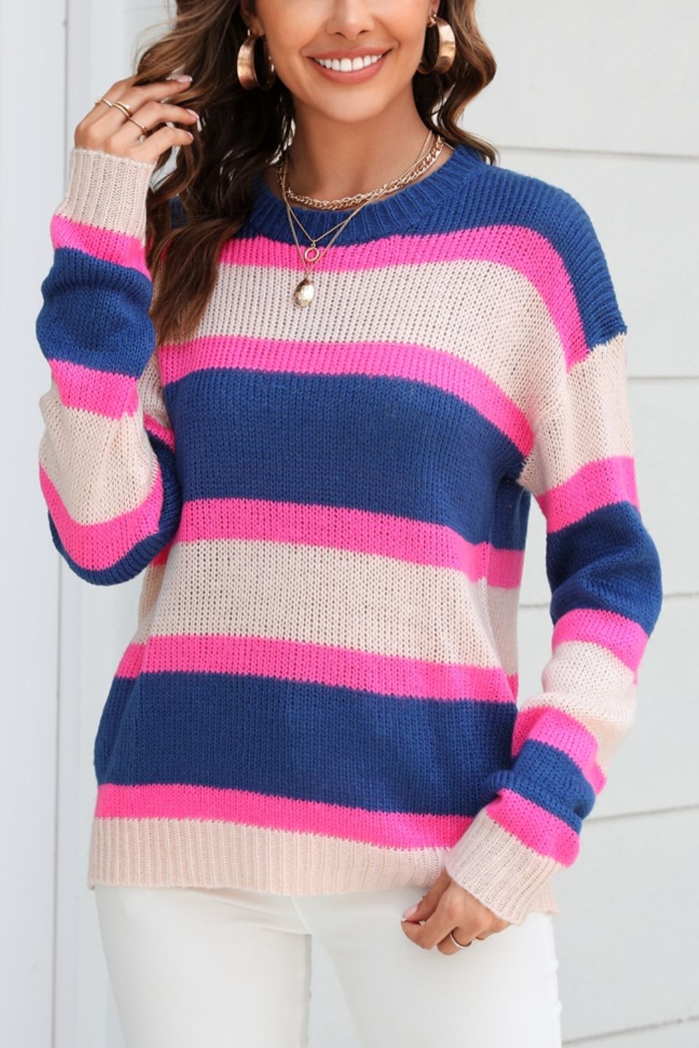 Angel Wings Color Block Round Neck Dropped Shoulder Sweater | Trending Chic NZ