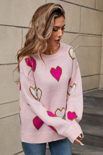 Angel Wings Contrast Heart Round Neck Long Sleeve Sweater | Trending Chic NZ