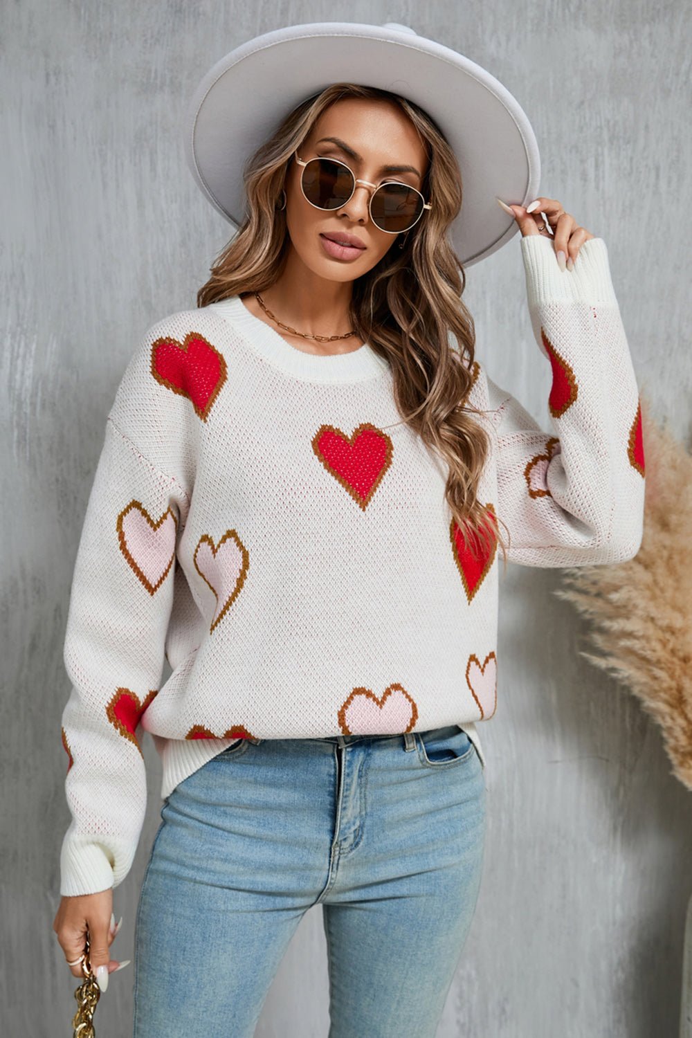 Angel Wings Contrast Heart Round Neck Long Sleeve Sweater | Trending Chic NZ