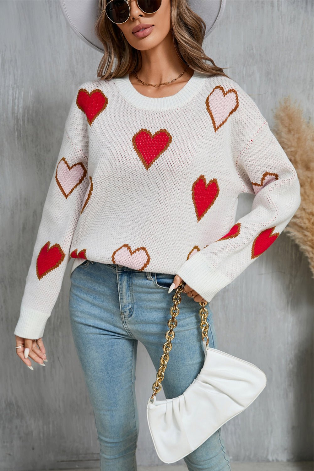 Angel Wings Contrast Heart Round Neck Long Sleeve Sweater | Trending Chic NZ