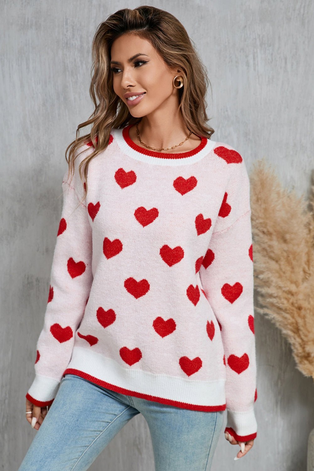 Angel Wings Contrast Trim Heart Round Neck Sweater | Trending Chic NZ