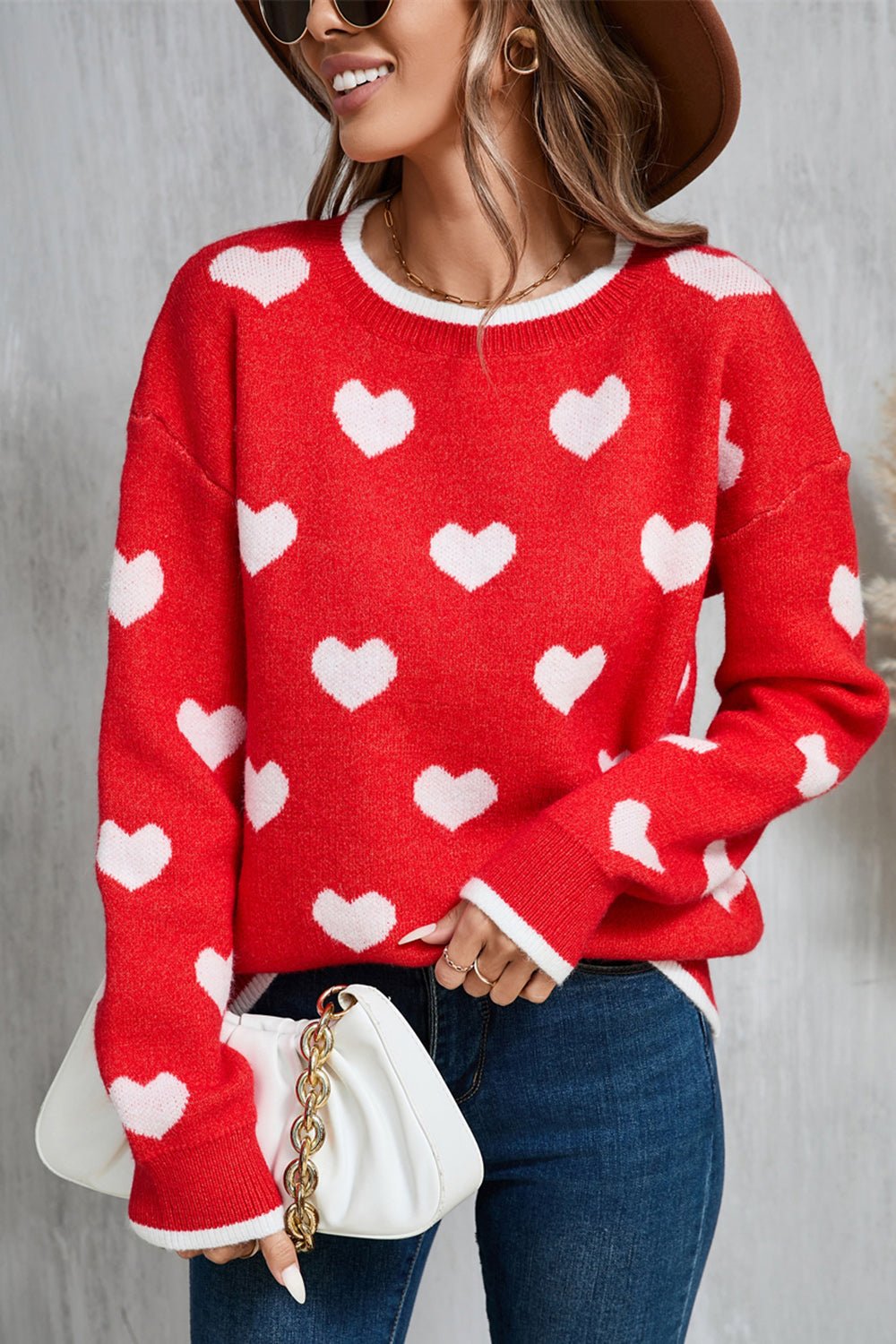 Angel Wings Contrast Trim Heart Round Neck Sweater | Trending Chic NZ