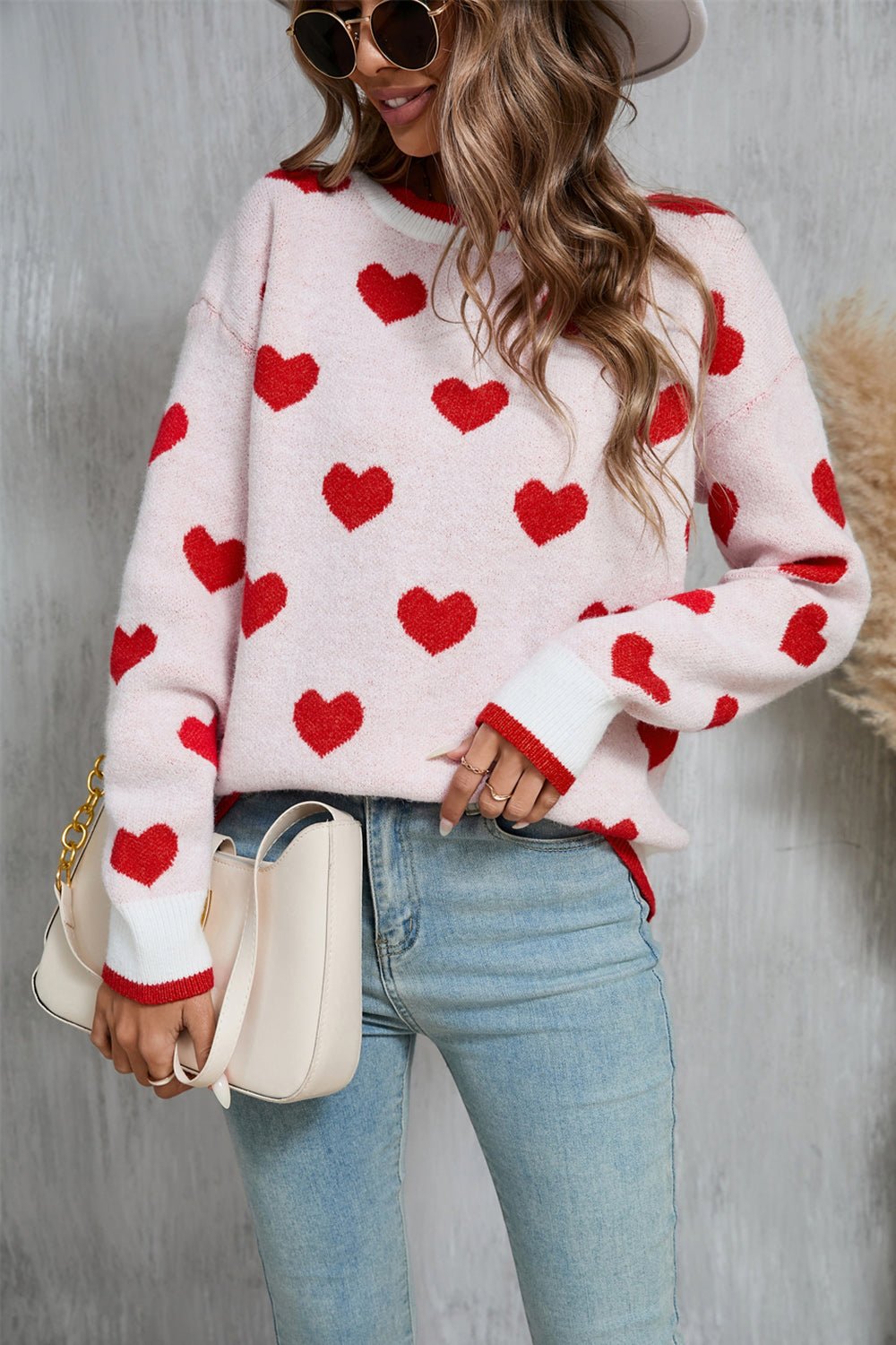 Angel Wings Contrast Trim Heart Round Neck Sweater | Trending Chic NZ