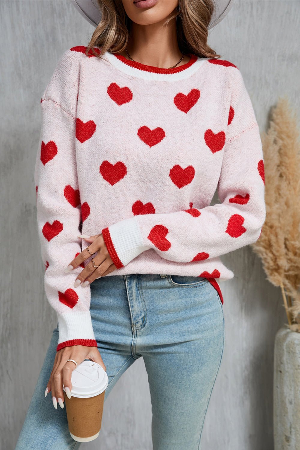 Angel Wings Contrast Trim Heart Round Neck Sweater | Trending Chic NZ