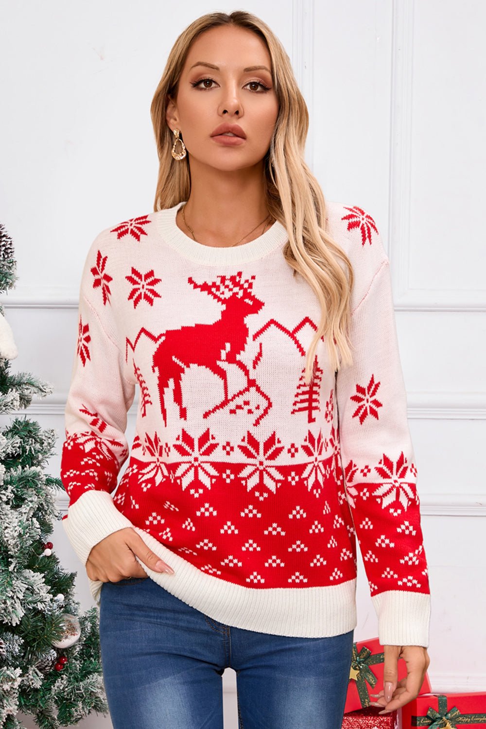 Angel Wings Deer Pattern Round Neck Long Sleeve Sweater | Trending Chic NZ