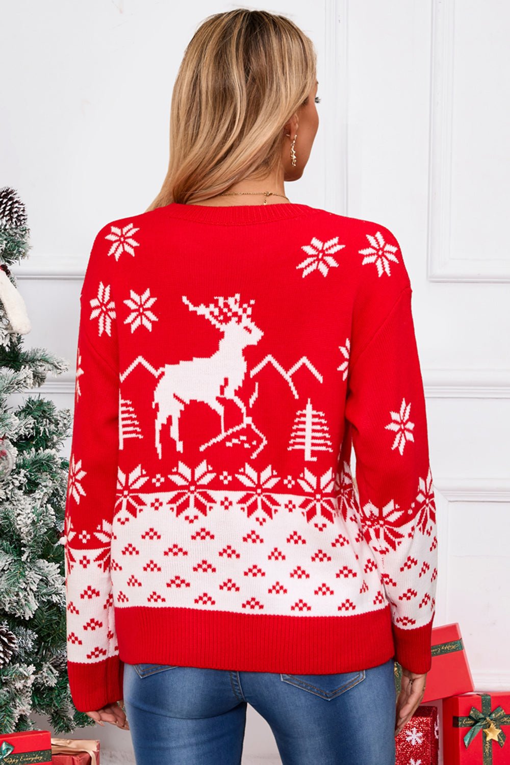 Angel Wings Deer Pattern Round Neck Long Sleeve Sweater | Trending Chic NZ