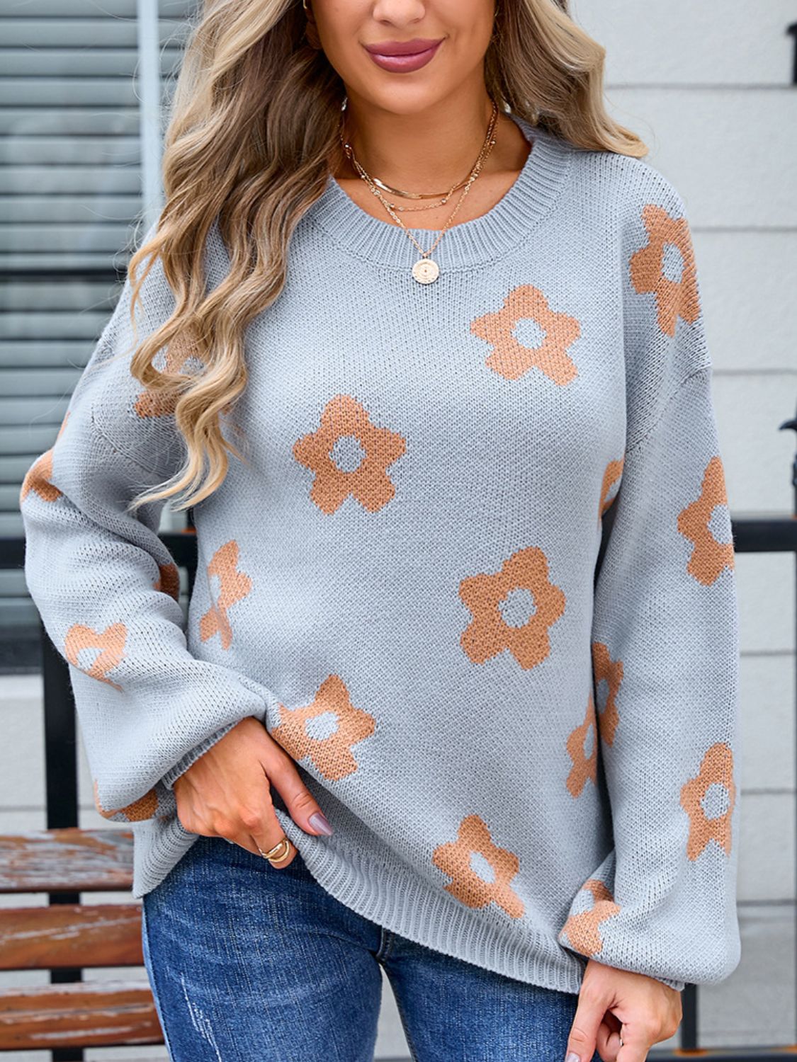 Angel Wings Flower Round Neck Dropped Shoulder Sweater | Trending Chic NZ