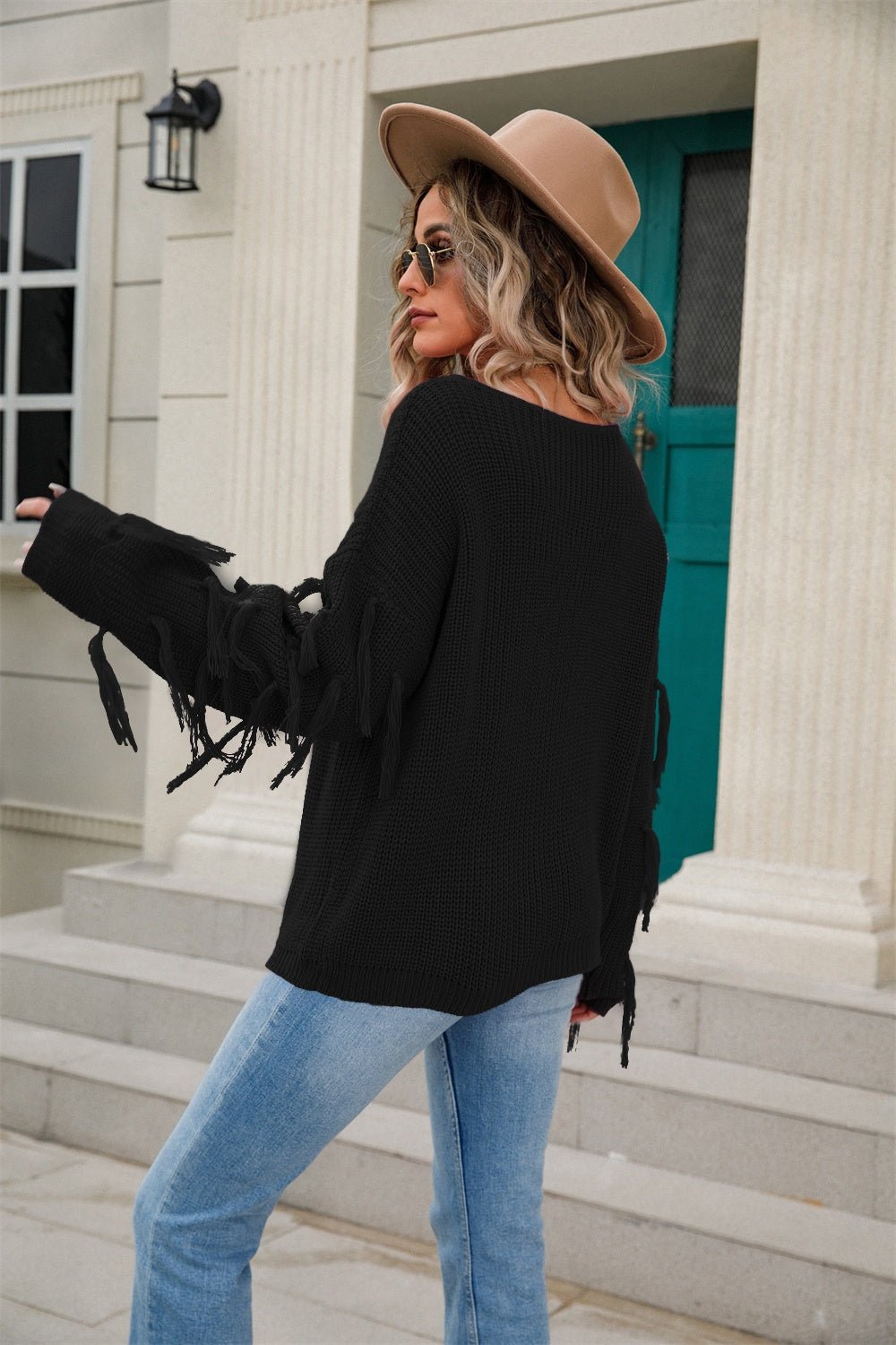 Angel Wings Fringe Round Neck Dropped Shoulder Sweater | Trending Chic NZ