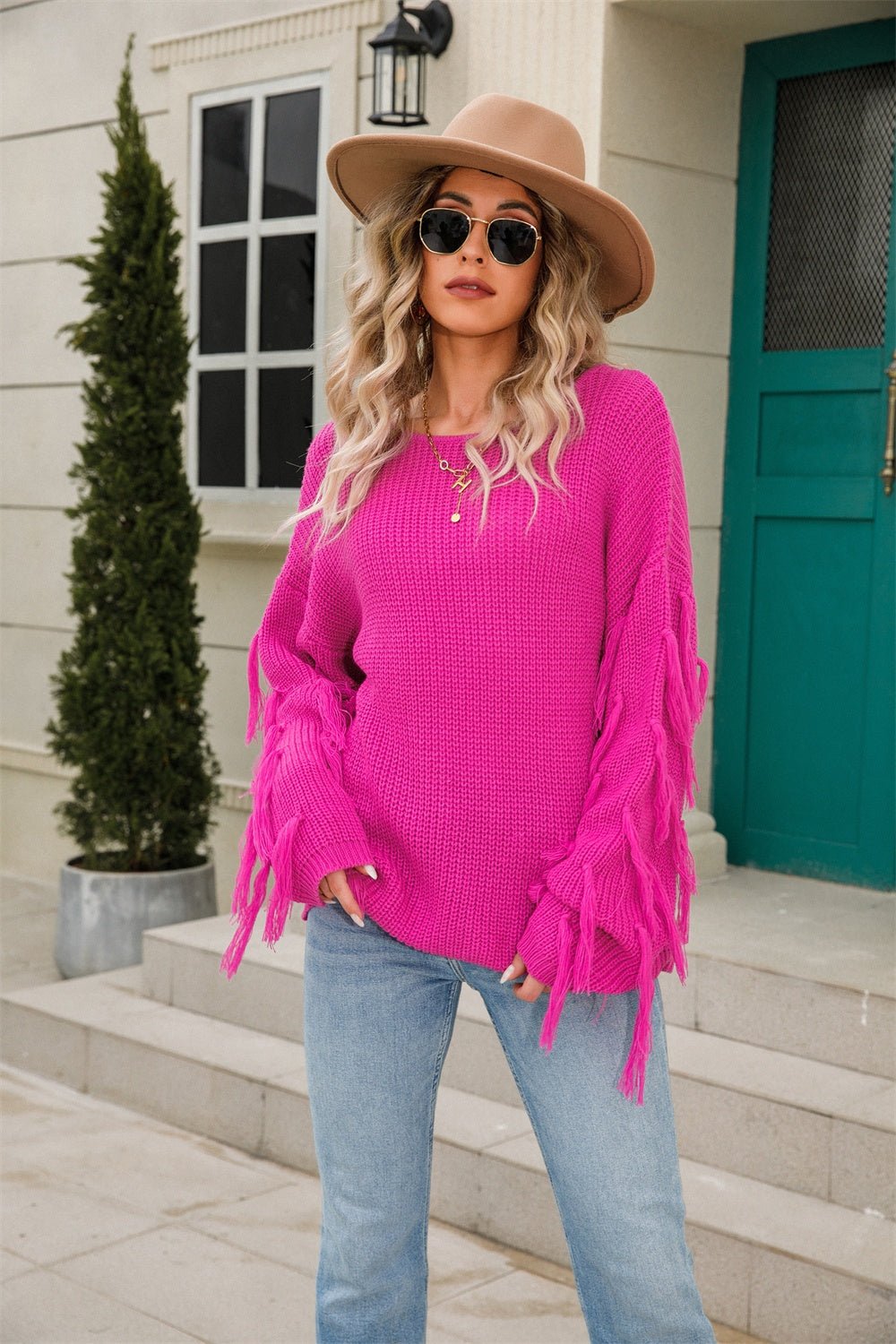 Angel Wings Fringe Round Neck Dropped Shoulder Sweater | Trending Chic NZ