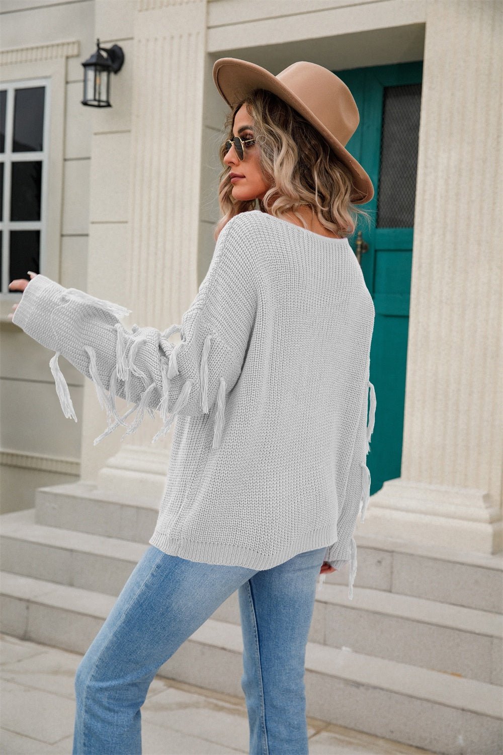 Angel Wings Fringe Round Neck Dropped Shoulder Sweater | Trending Chic NZ