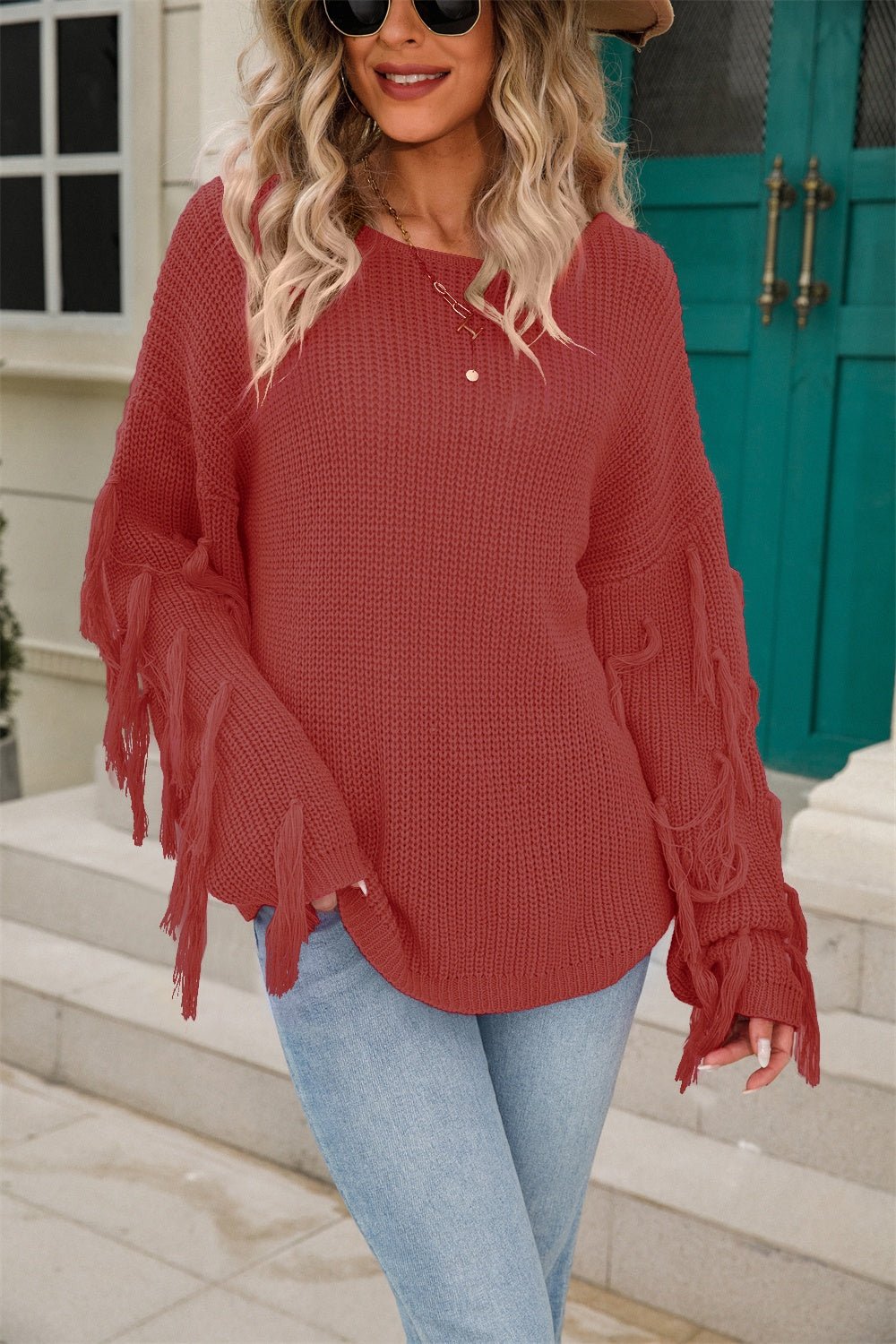 Angel Wings Fringe Round Neck Dropped Shoulder Sweater | Trending Chic NZ