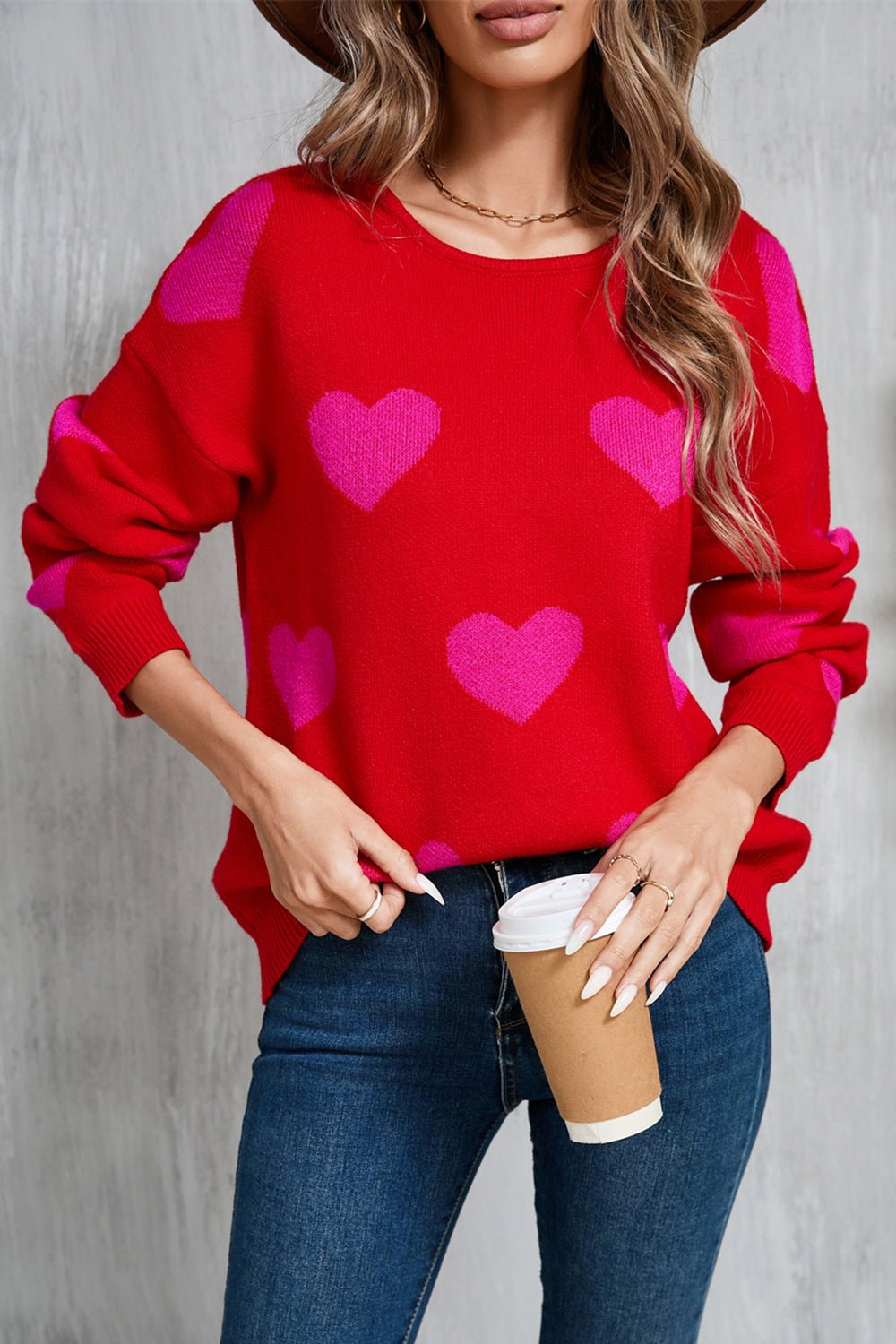 Angel Wings Heart Round Neck Dropped Shoulder Sweater | Trending Chic NZ