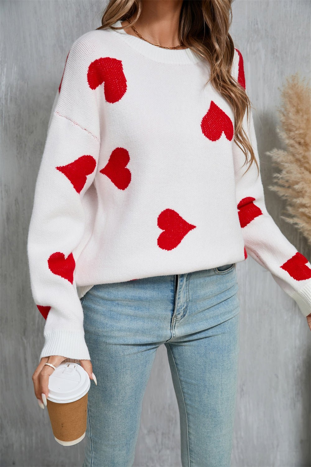 Angel Wings Heart Round Neck Dropped Shoulder Sweater | Trending Chic NZ