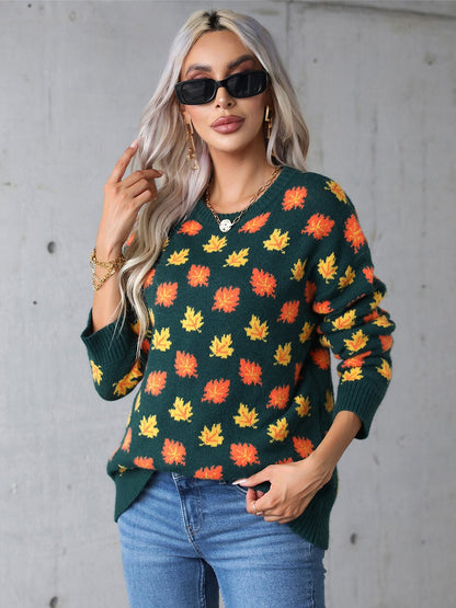 Angel Wings Maple Leaf Round Neck Long Sleeve Sweater | Trending Chic NZ