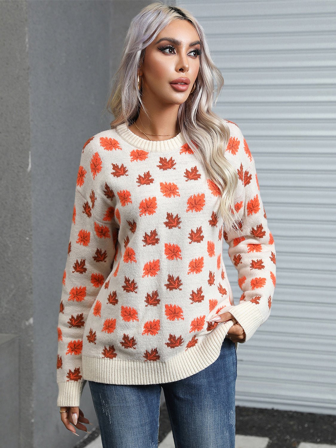 Angel Wings Maple Leaf Round Neck Long Sleeve Sweater | Trending Chic NZ