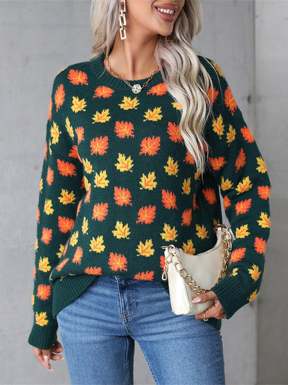 Angel Wings Maple Leaf Round Neck Long Sleeve Sweater | Trending Chic NZ