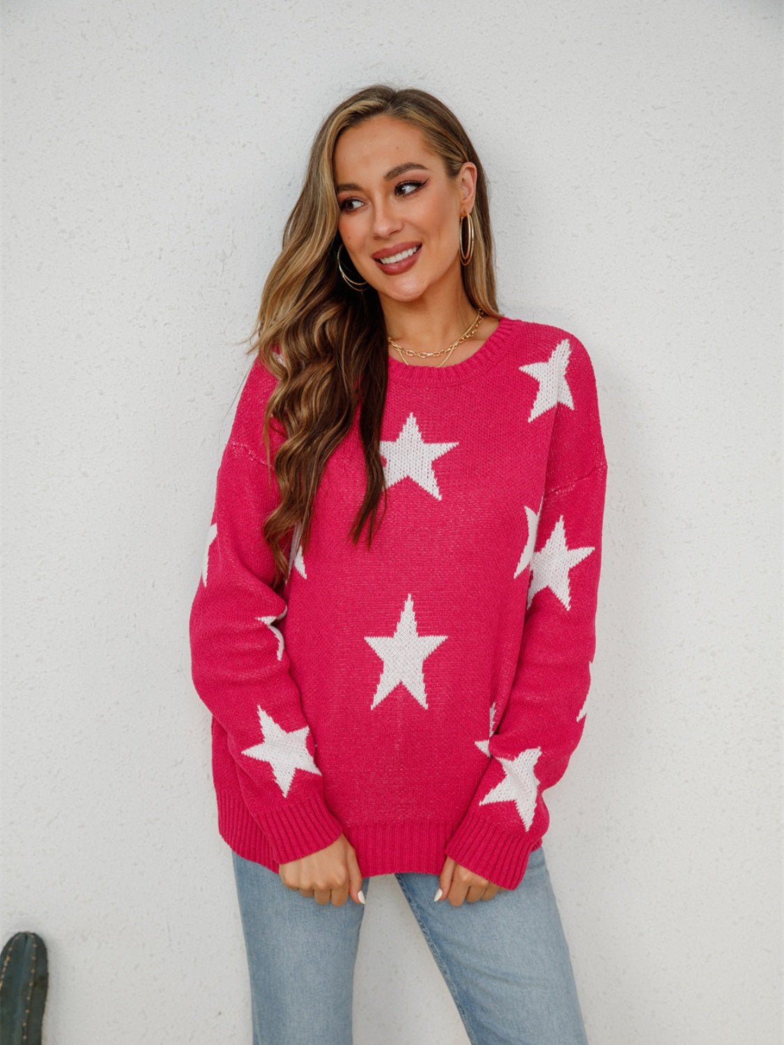 Angel Wings Star Round Neck Dropped Shoulder Sweater | Trending Chic NZ