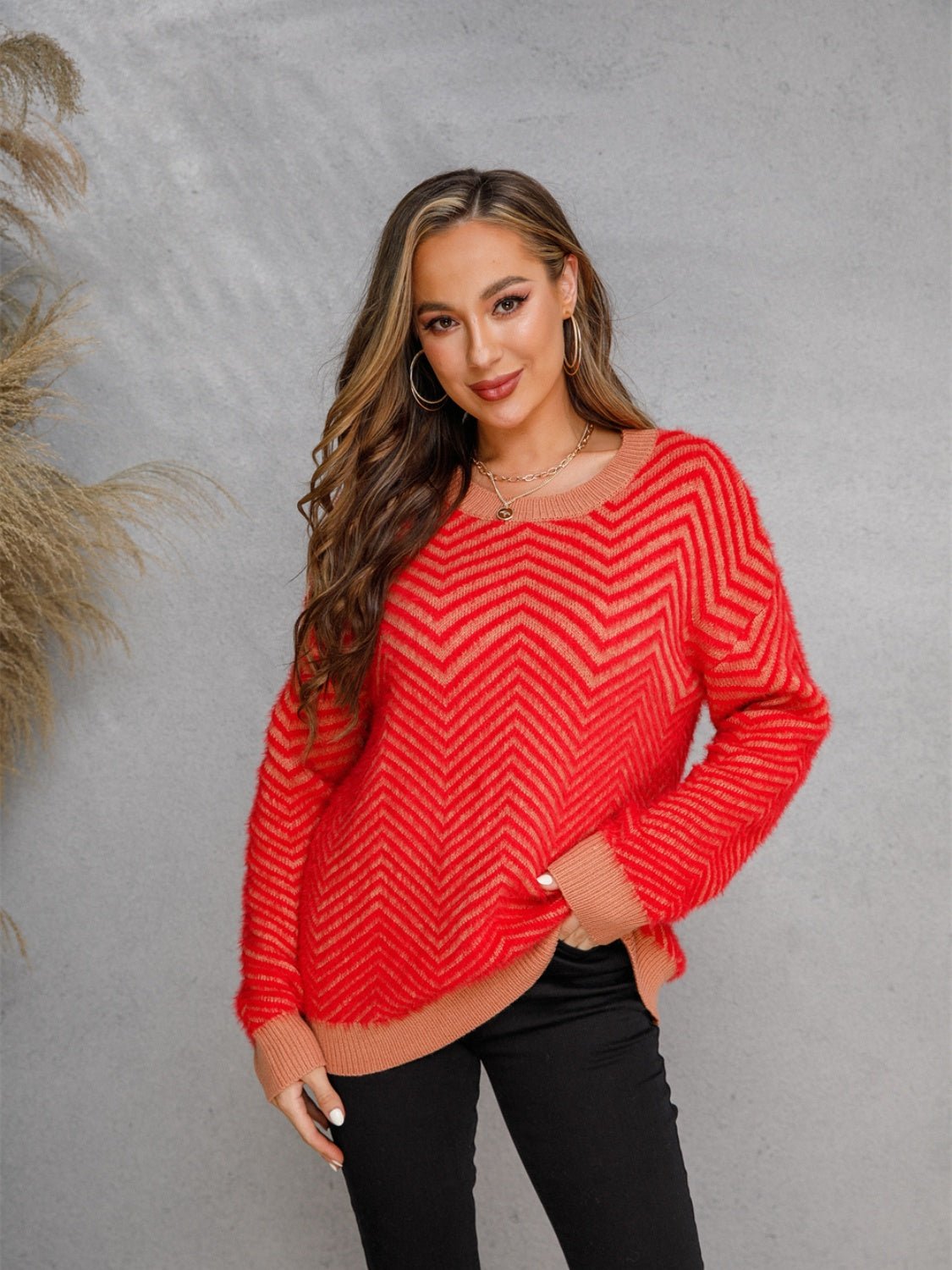 Angel Wings Striped Round Neck Dropped Shoulder Sweater | Trending Chic NZ