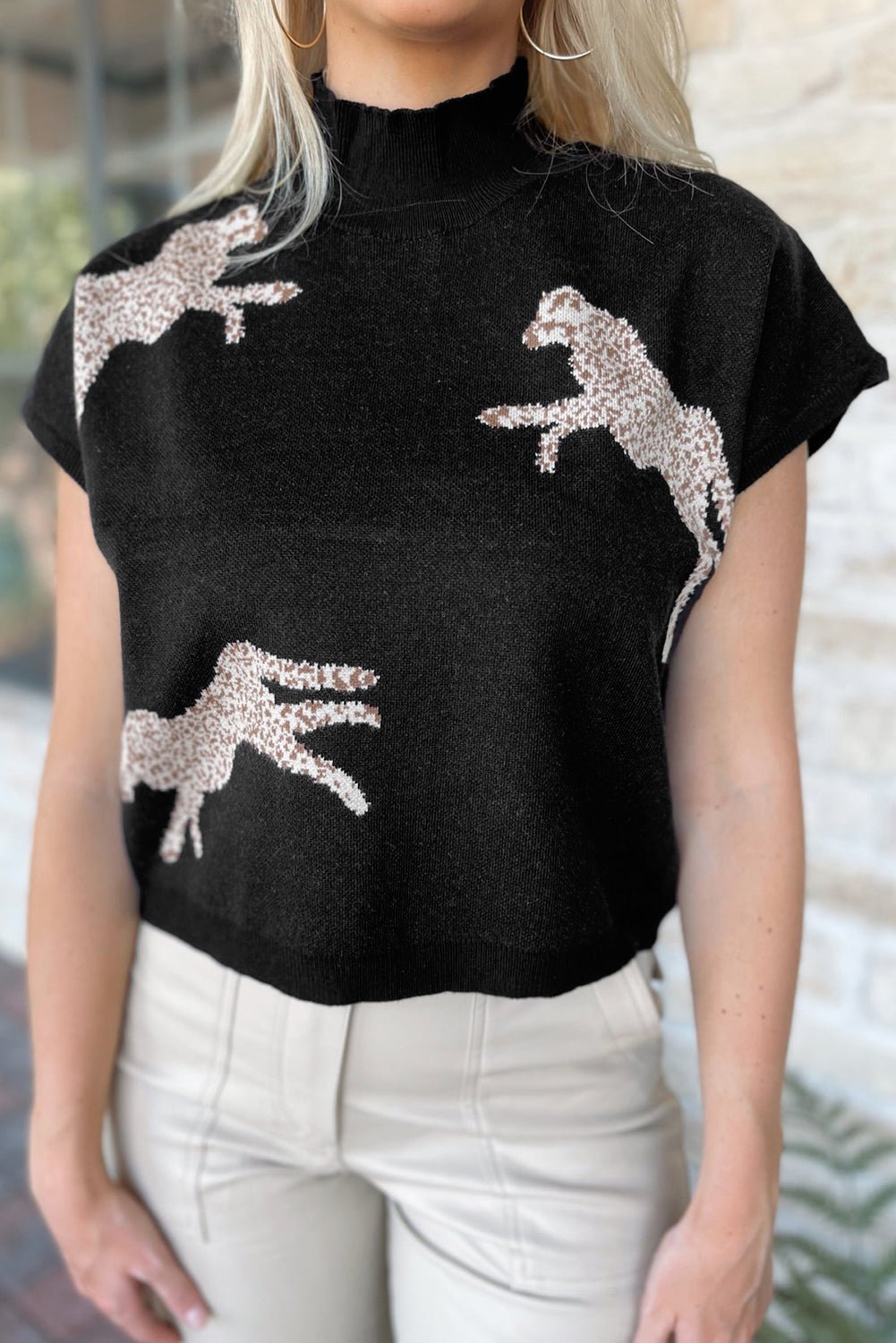 Animal Graphic Mock Neck Cap Sleeve Sweater | Trending Chic NZ