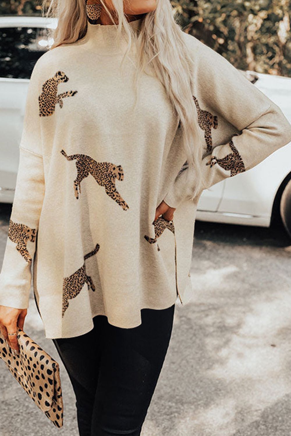 Animal Pattern Mock Neck Long Sleeve Slit Sweater | Trending Chic NZ