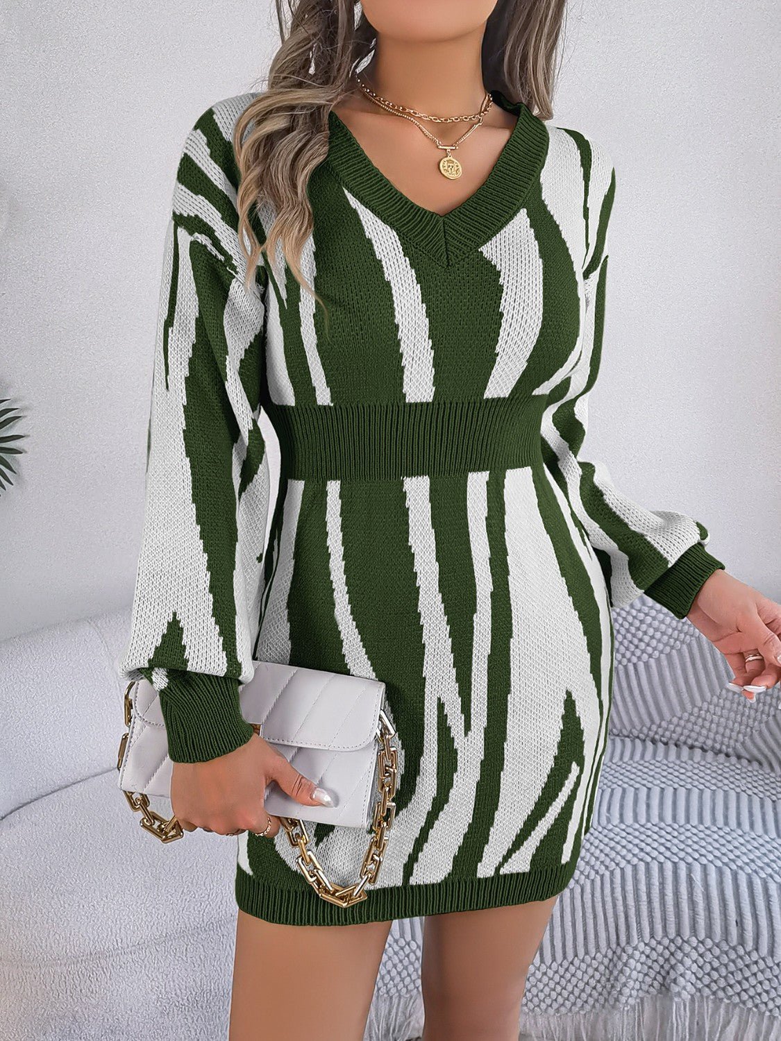 Animal Print V - Neck Long Sleeve Sweater Dress | Trending Chic NZ