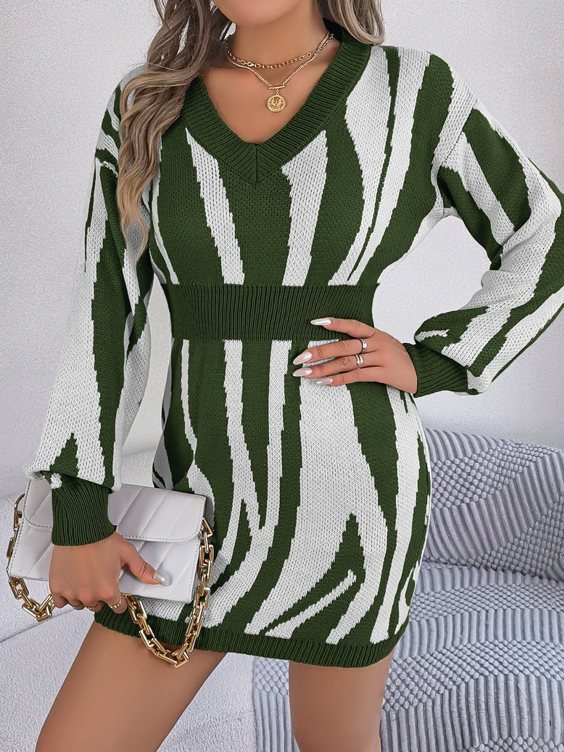 Animal Print V - Neck Long Sleeve Sweater Dress | Trending Chic NZ