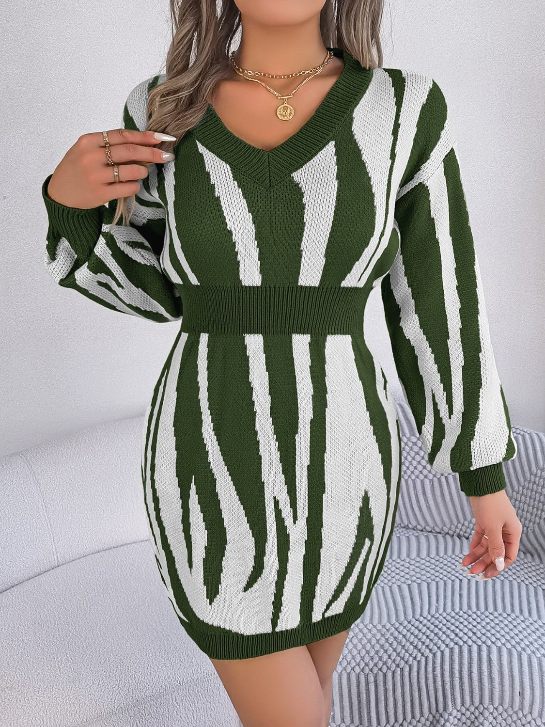 Animal Print V - Neck Long Sleeve Sweater Dress | Trending Chic NZ