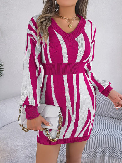 Animal Print V - Neck Long Sleeve Sweater Dress | Trending Chic NZ