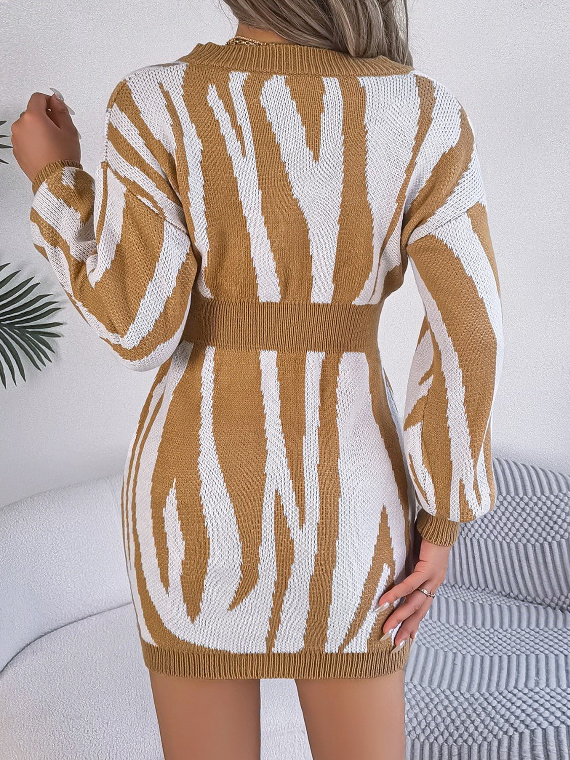 Animal Print V - Neck Long Sleeve Sweater Dress | Trending Chic NZ