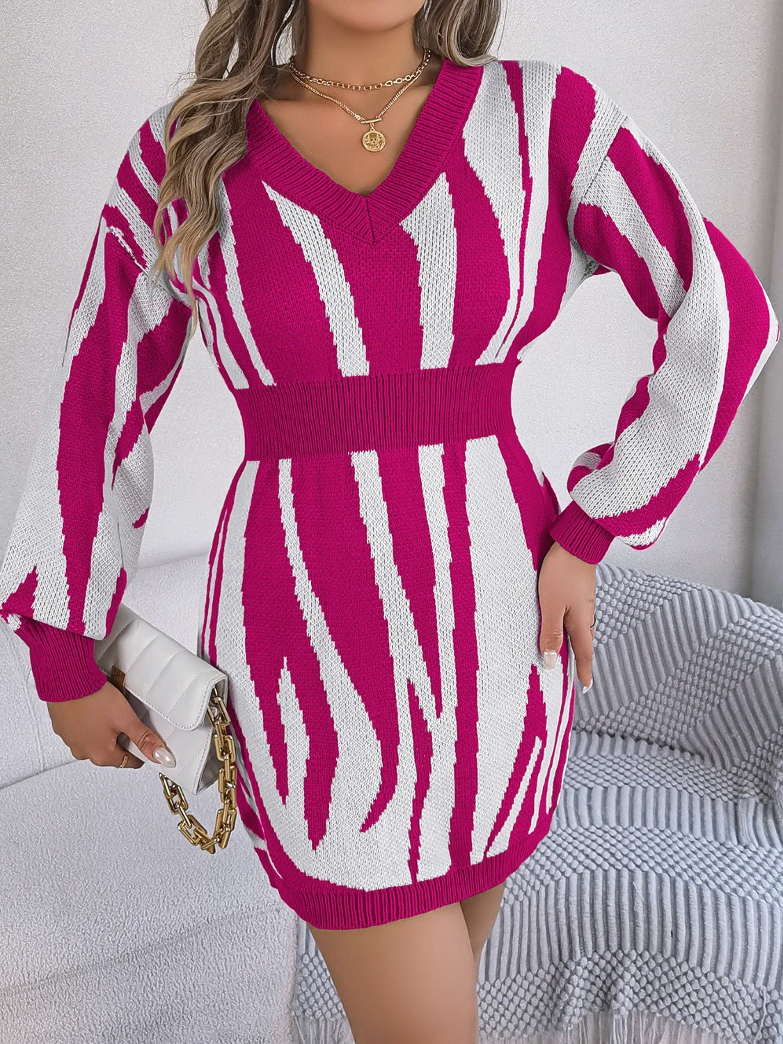 Animal Print V - Neck Long Sleeve Sweater Dress | Trending Chic NZ