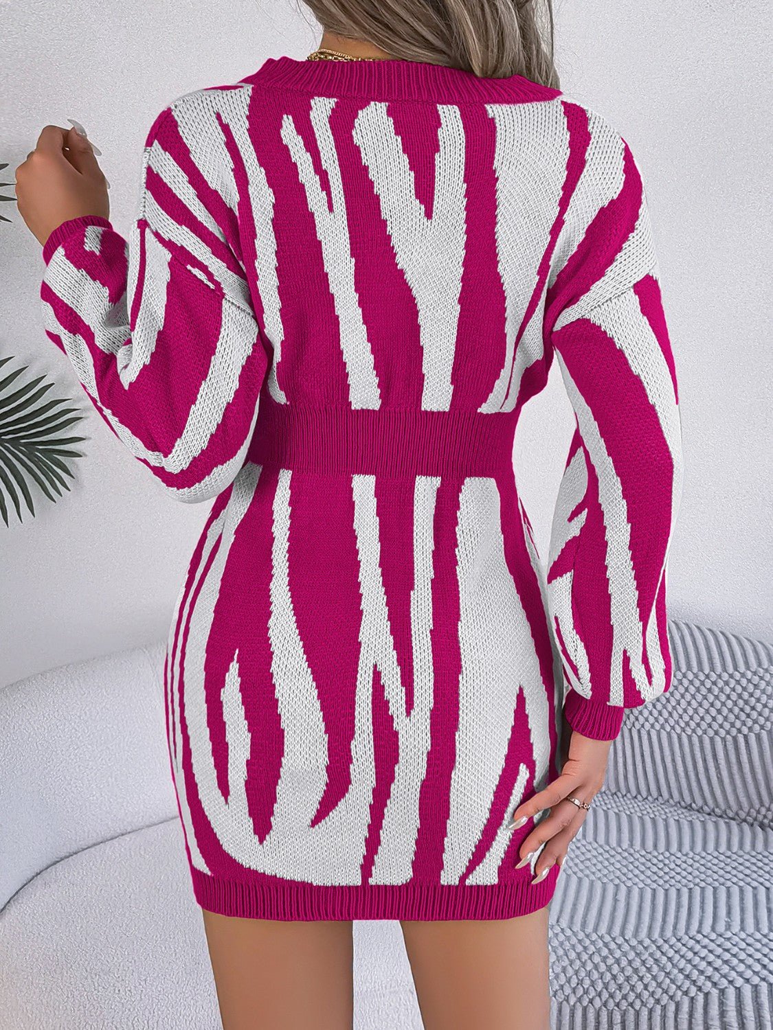 Animal Print V - Neck Long Sleeve Sweater Dress | Trending Chic NZ