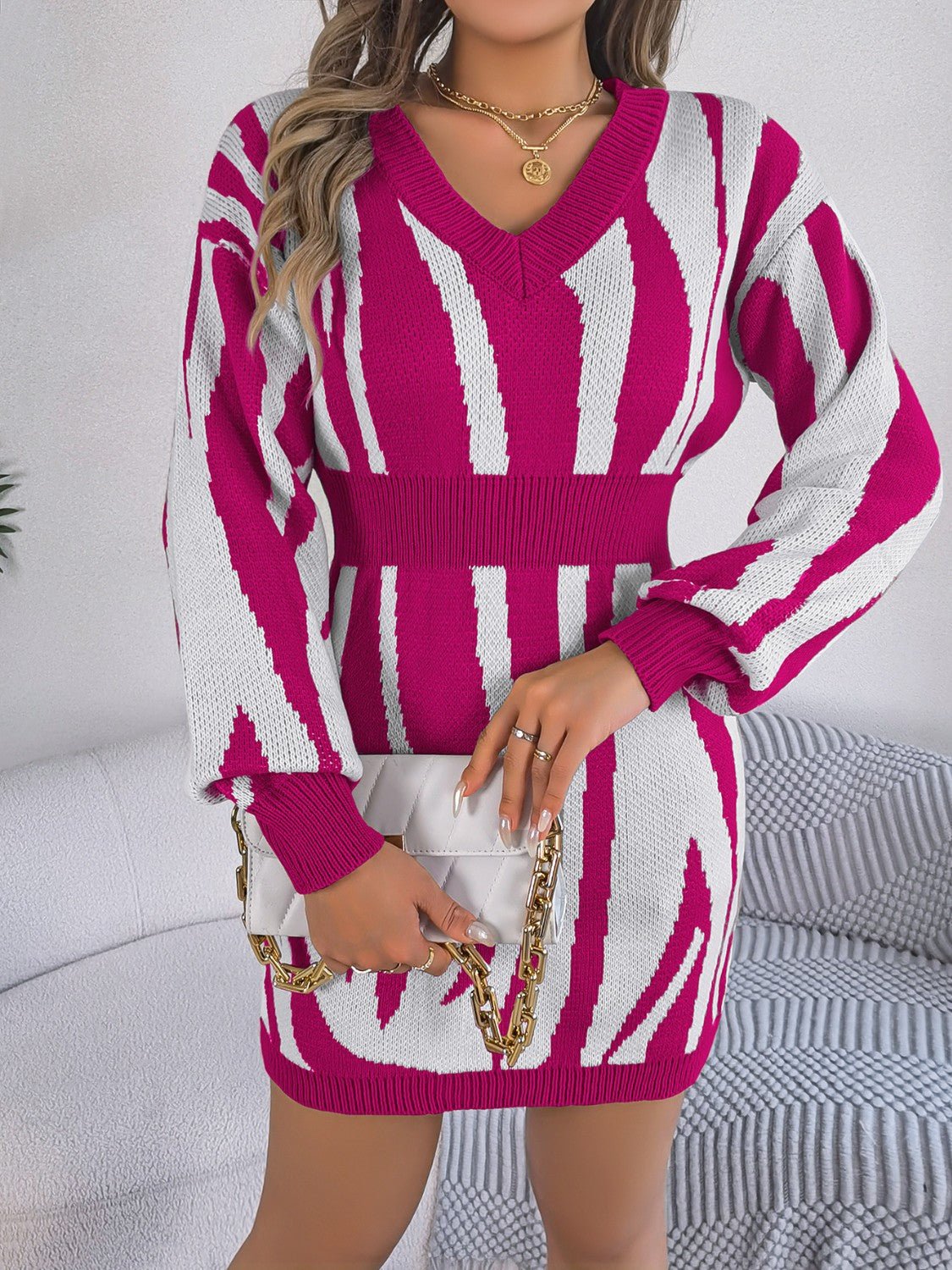 Animal Print V - Neck Long Sleeve Sweater Dress | Trending Chic NZ