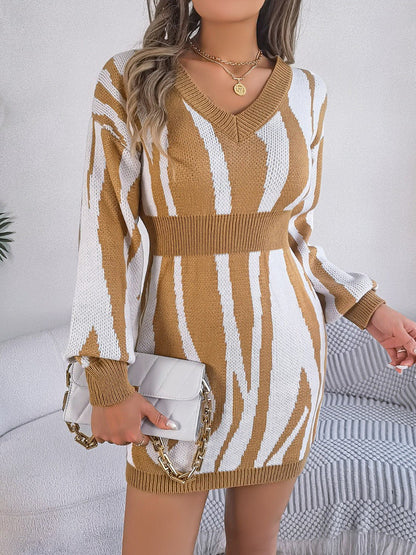 Animal Print V - Neck Long Sleeve Sweater Dress | Trending Chic NZ