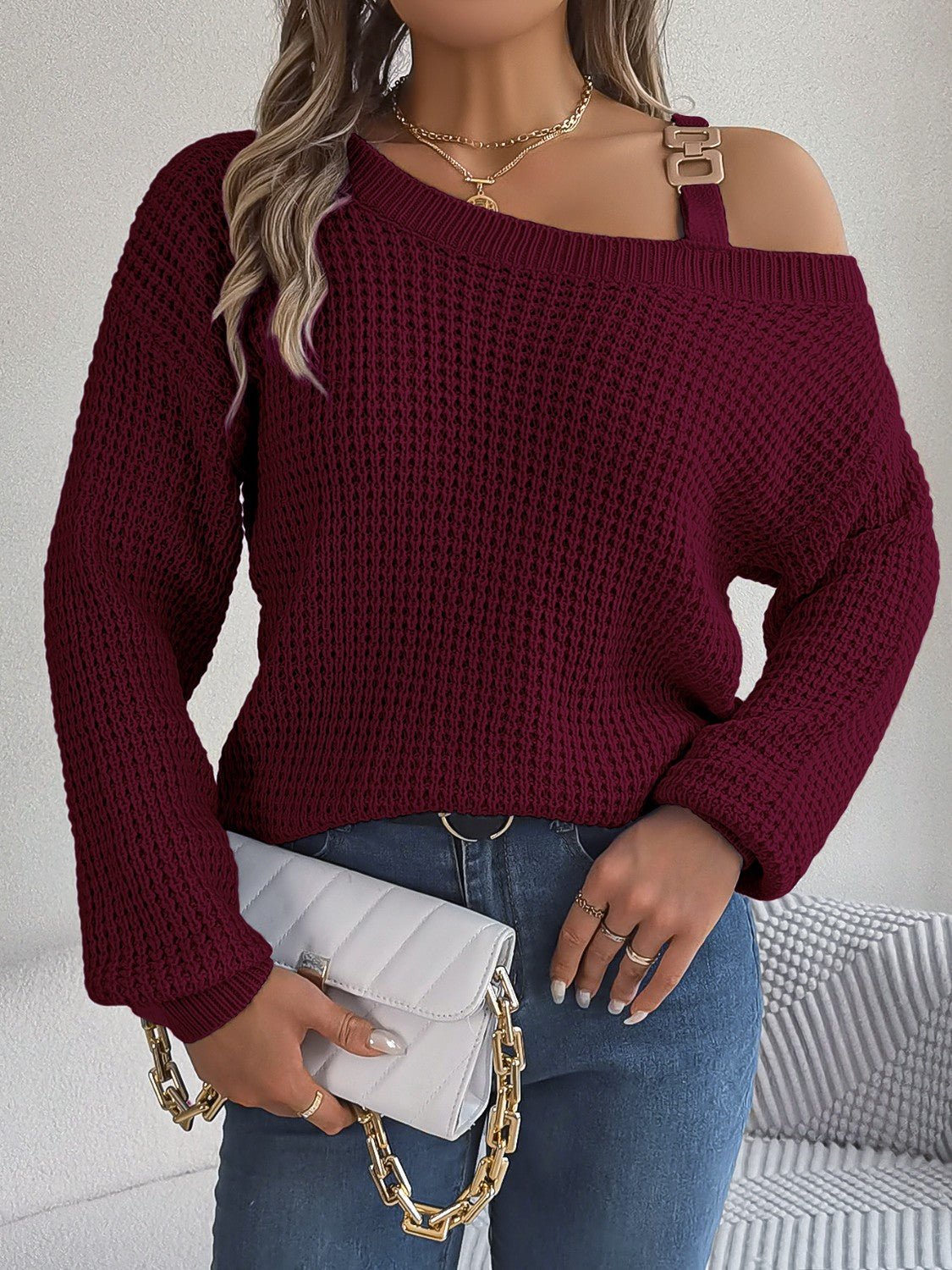 Asymmetrical Neck Long Sleeve Sweater | Trending Chic NZ