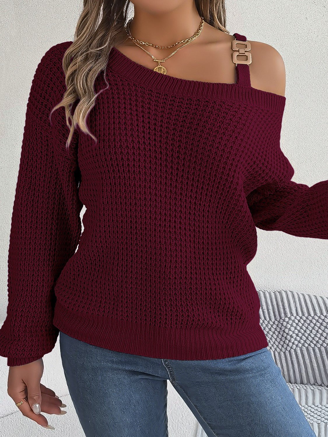 Asymmetrical Neck Long Sleeve Sweater | Trending Chic NZ