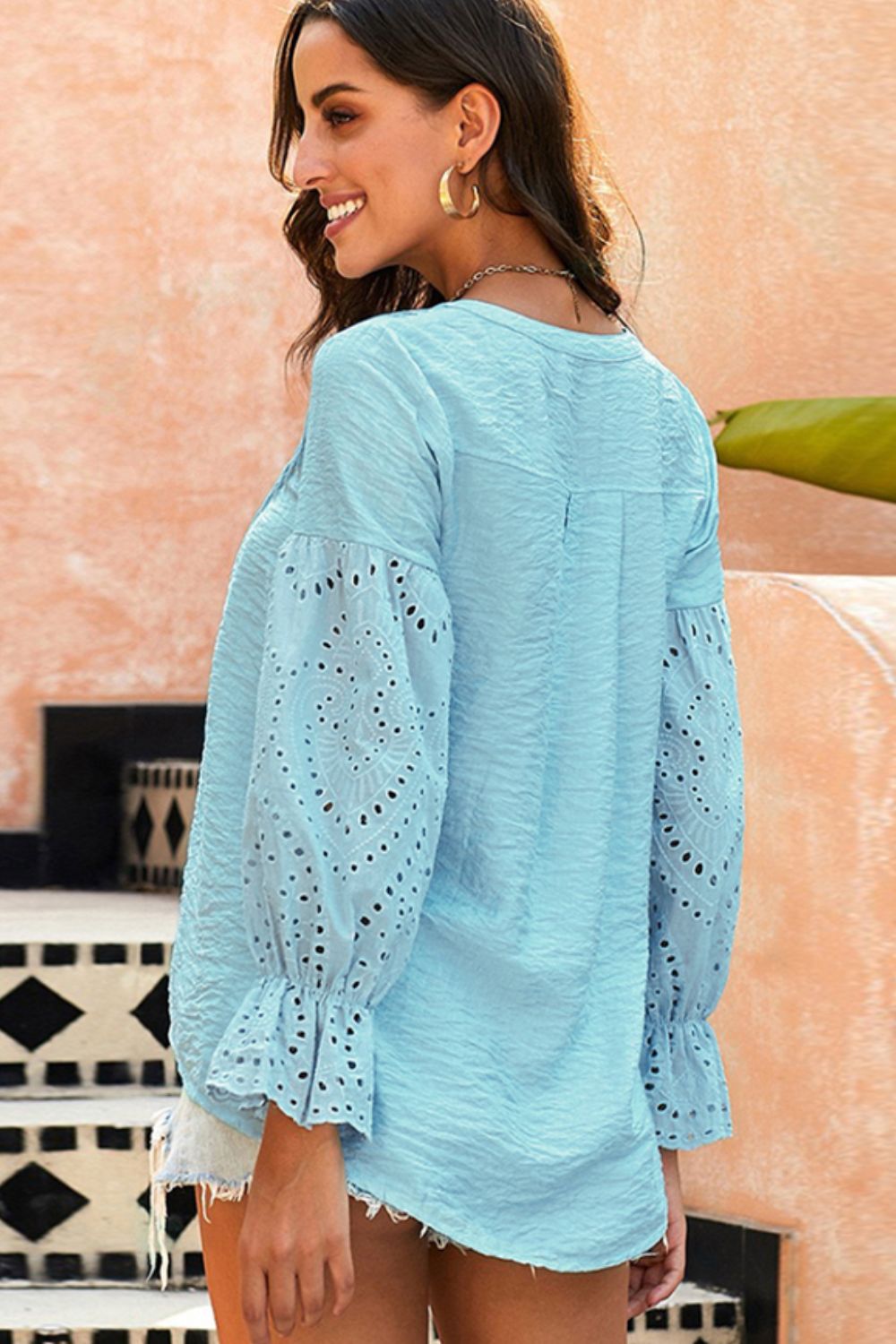 Shiny Crochet Flounce Sleeve Button Up Blouse