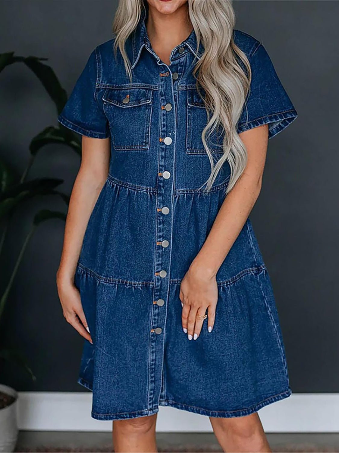 Pocketed Button Up Collared Neck Short Sleeve Denim Dress