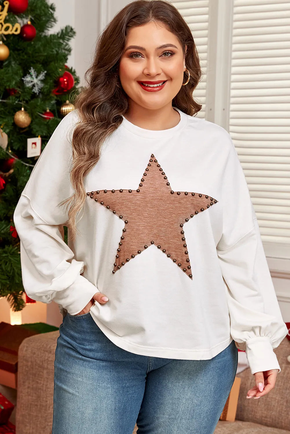 Plus Size Studded Star Round Neck Long Sleeve Blouse