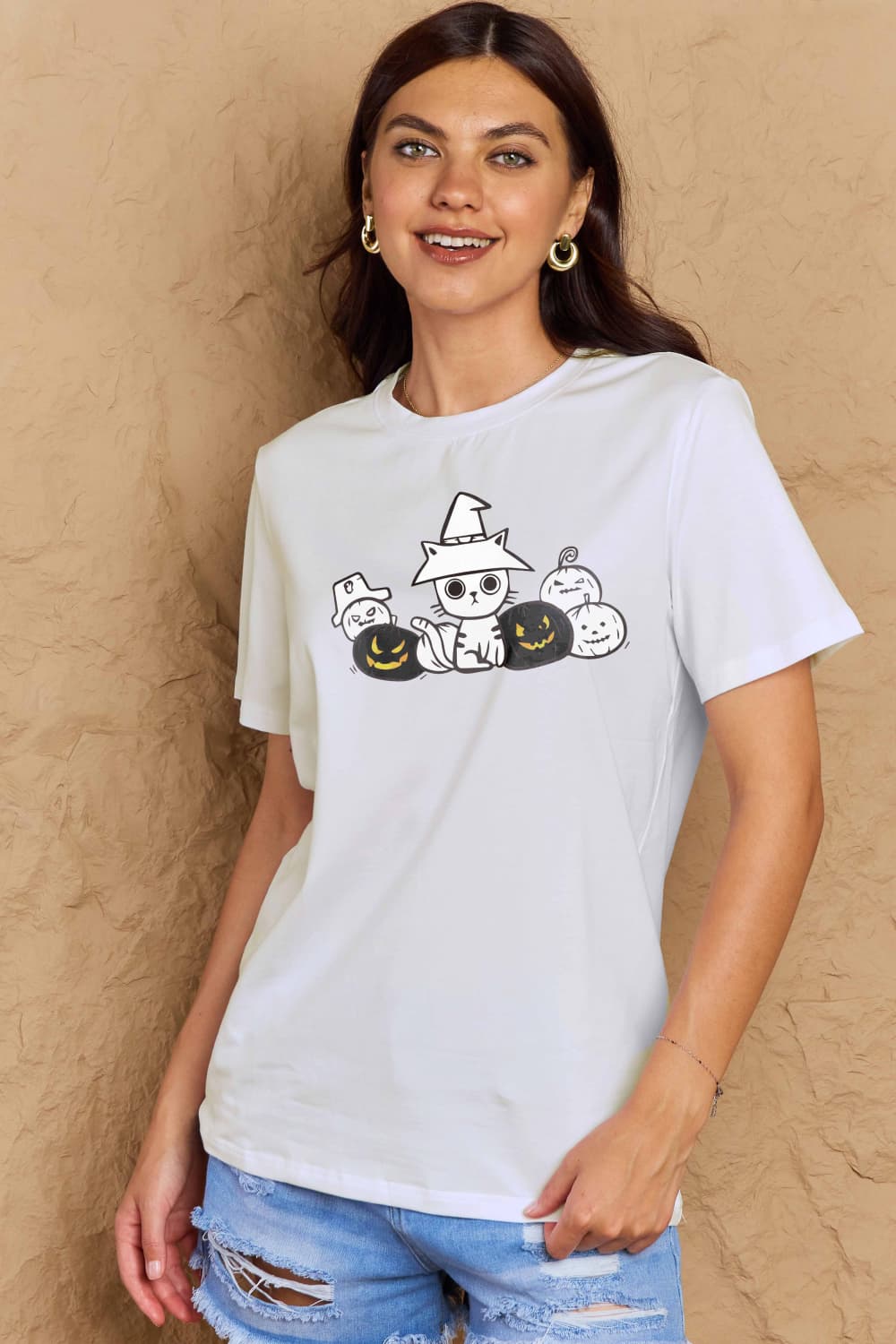 Simply Love Full Size Cat &amp; Pumpkin Graphic Cotton T-Shirt