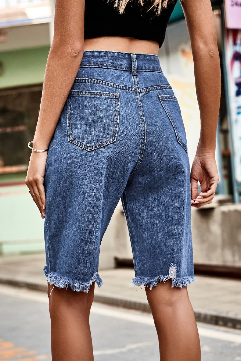 Raw Hem High Waist Denim Shorts with Pockets