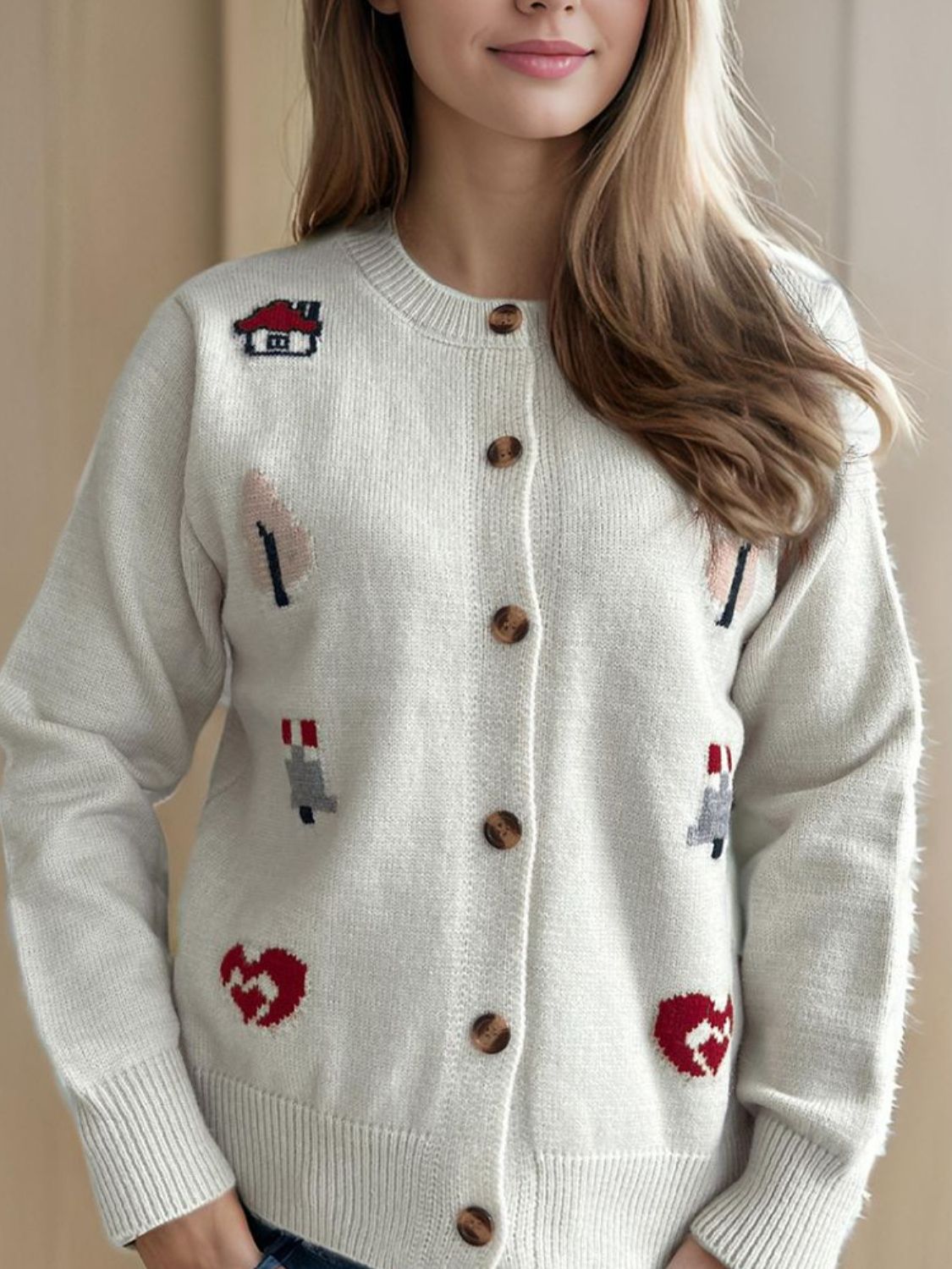 Button Up Round Neck Long Sleeve Cardigan