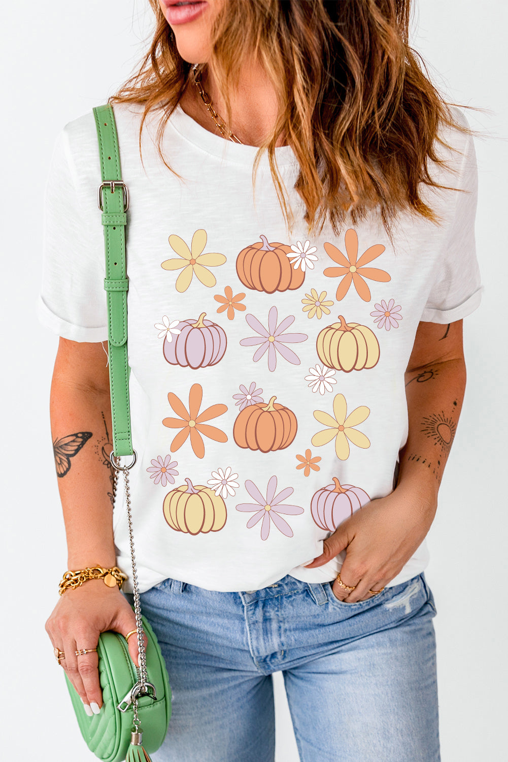 Pumpkin &amp; Flower Round Neck Short Sleeve T-Shirt