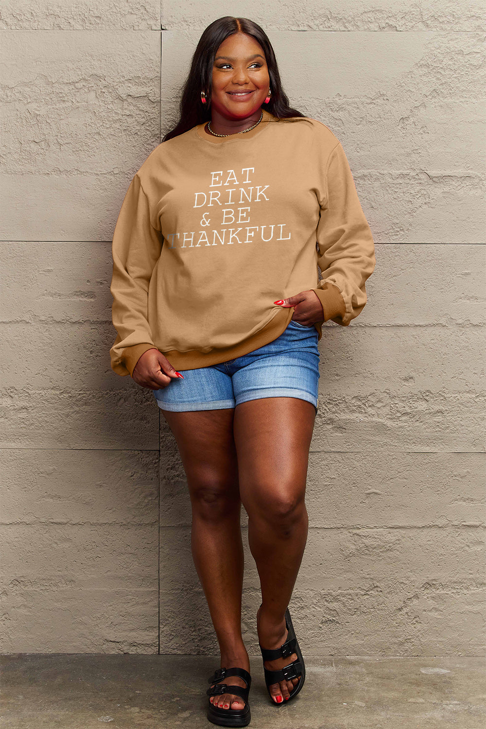 Simply Love Full Size EAT DRINK &amp; BE THANKFUL Round Neck Sweatshirt