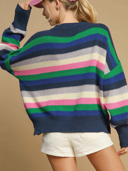 Contrast Striped Round Neck Long Sleeve Sweater