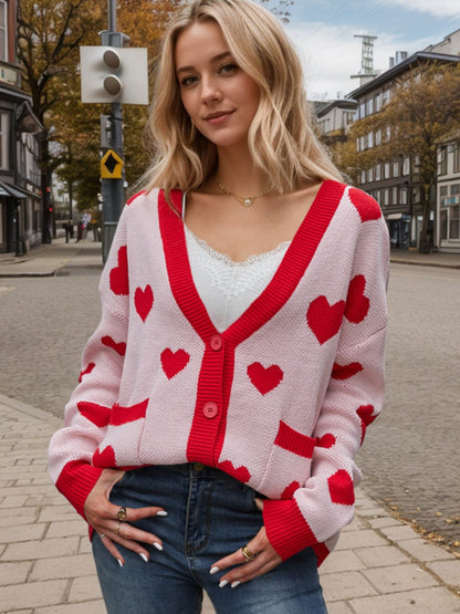 Heart Button Up Dropped Shoulder Long Sleeve Cardigan