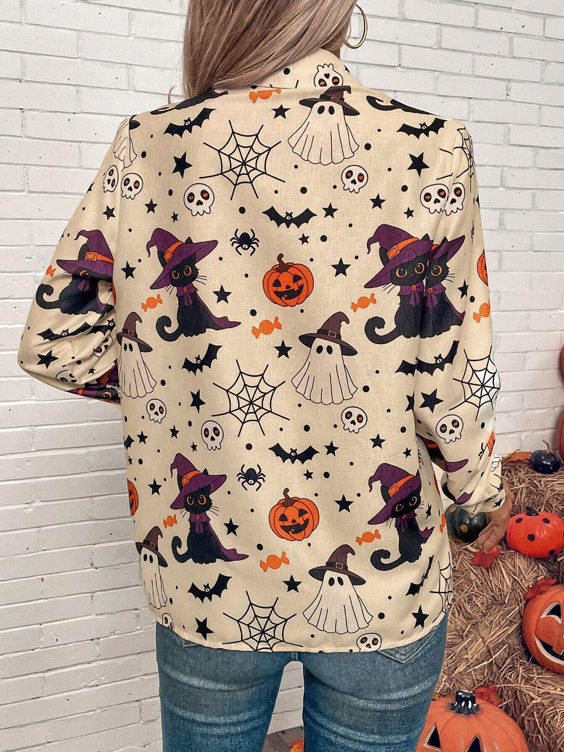 Halloween Printed Collared Neck Long Sleeve Shirt