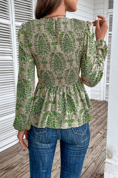 Perfee Smocked Printed Balloon Sleeve Blouse