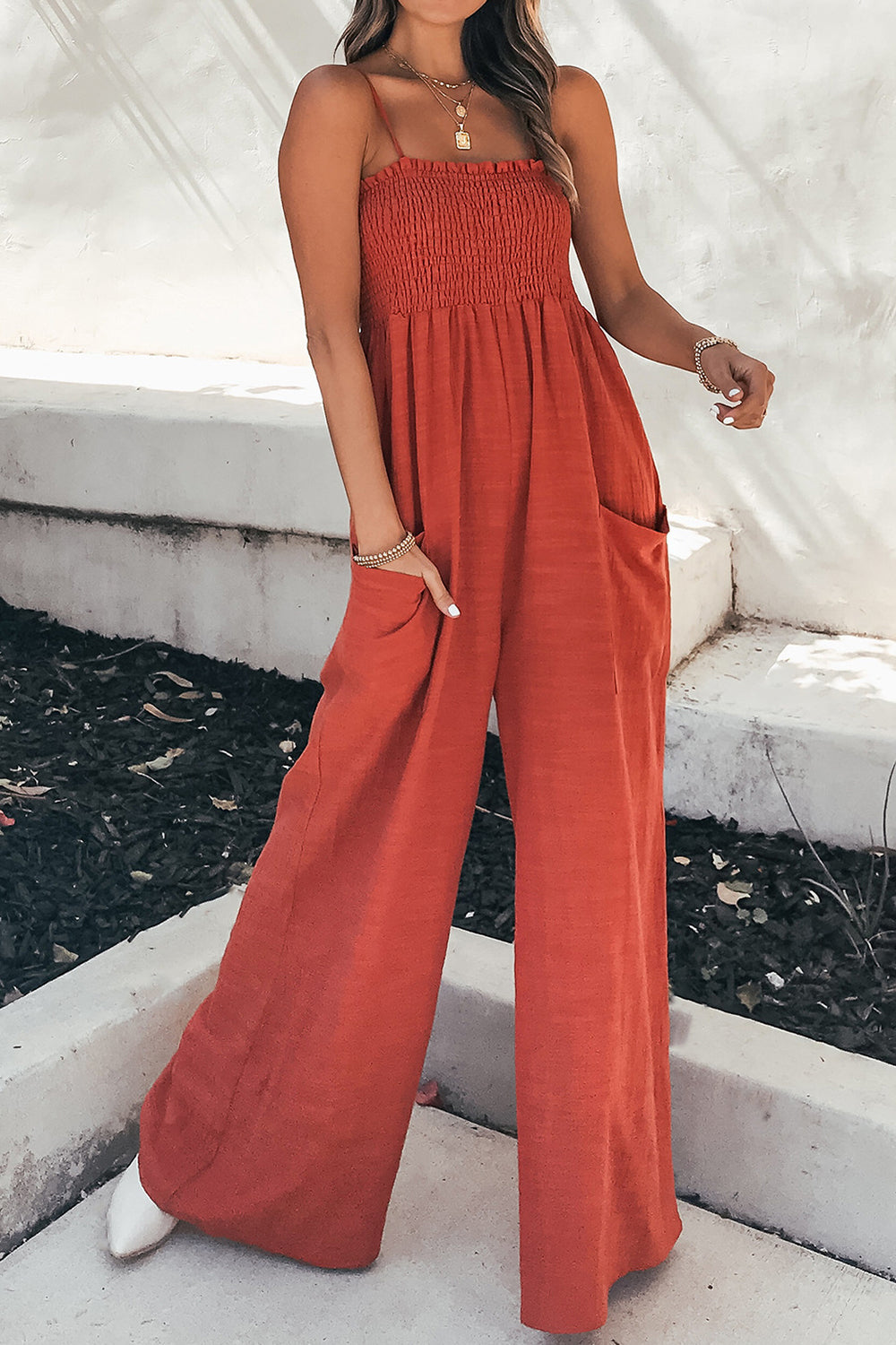 Smocked Spaghetti Strap Wide Leg Jumpsuit