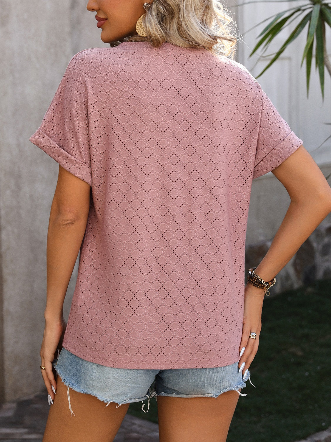 Mandy Eyelet Notched Short Sleeve T-Shirt