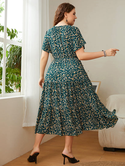 Honey Plus Size Floral Round Neck Short Sleeve Midi Dress